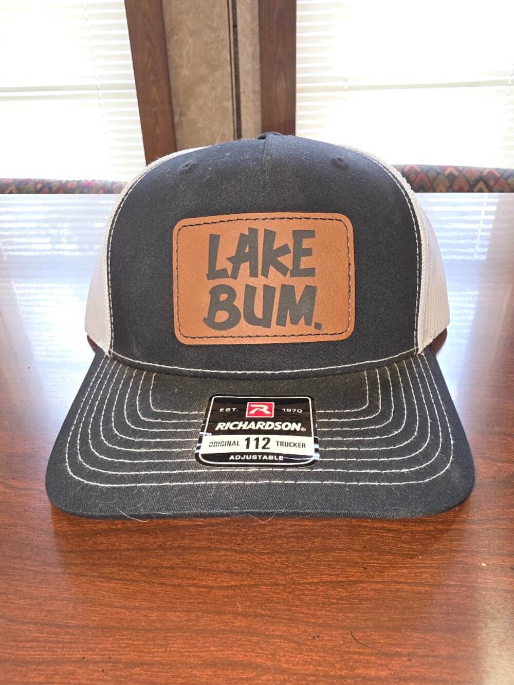 Richardson Black/White Adjustable Trucker Hat "Lake Bum" Patch Cap